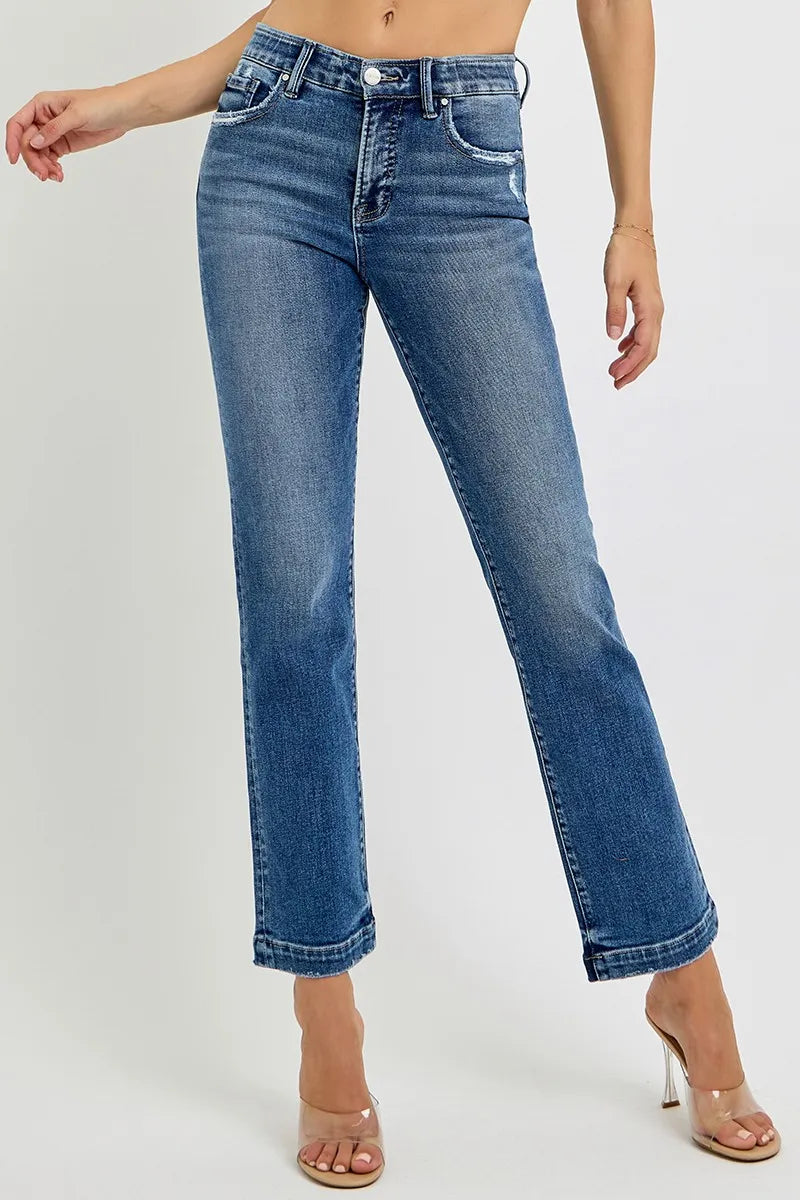 Tummy Control Mid-Rise Straight Jeans with Elastic Waistband