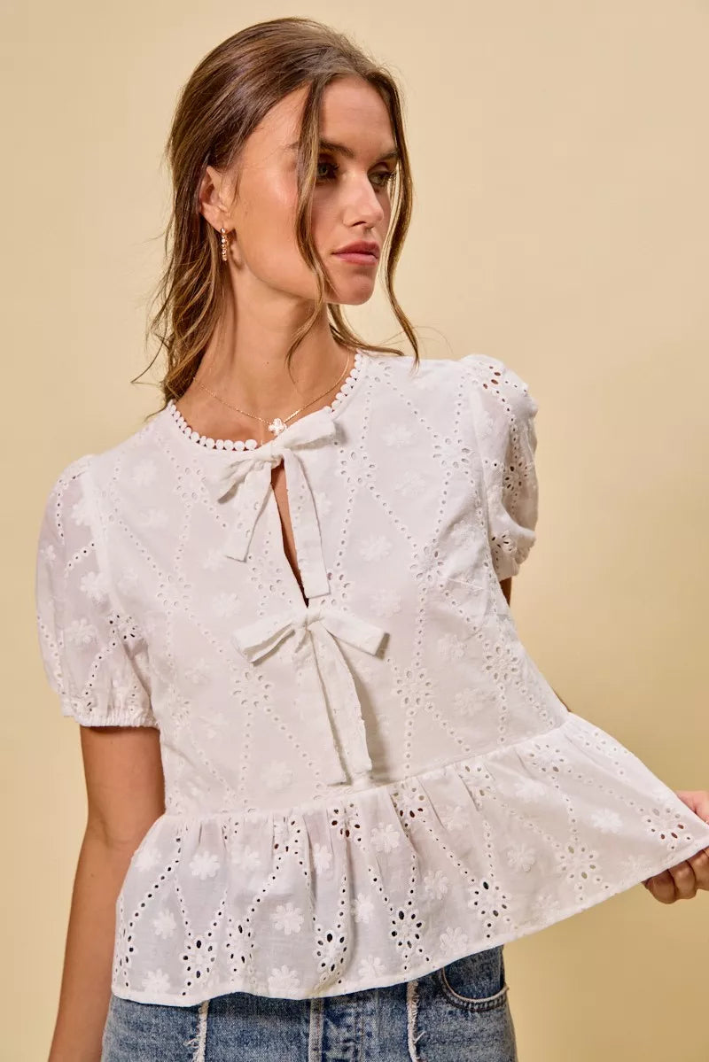 Eyelet Front Tie Blouse