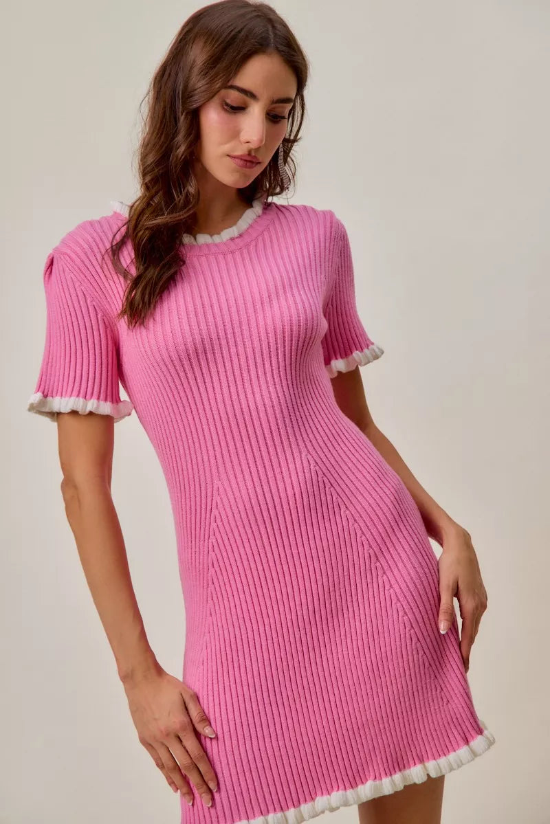 SO ME Contrast Ruffled Sweater Knit Mini Dress - Side View