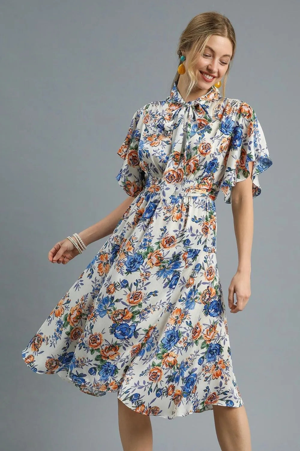 Floral Print Flutter Sleeve Dress
