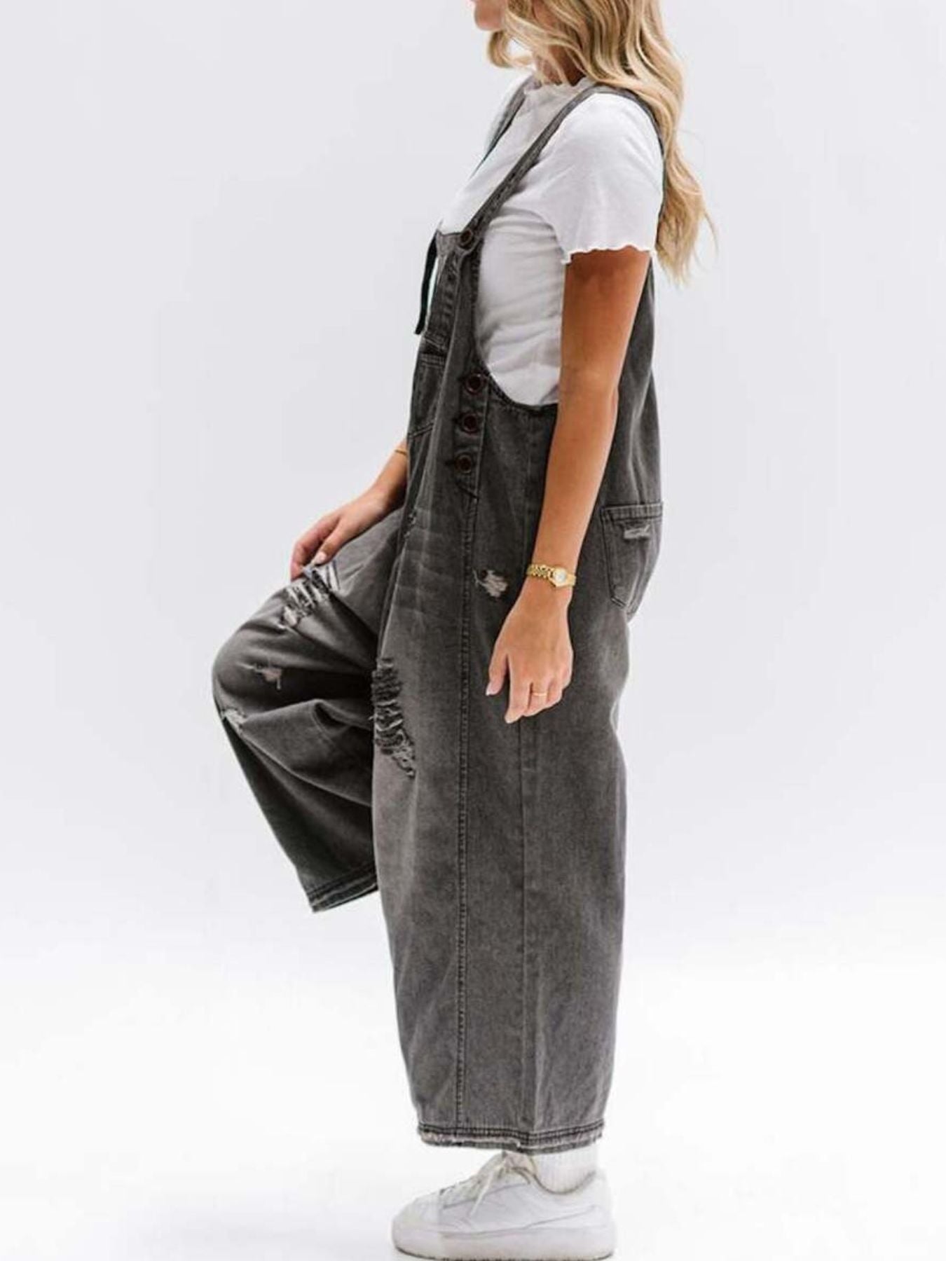 Distressed Wide Leg Denim Overalls - Detail View 7
