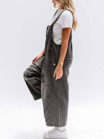Distressed Wide Leg Denim Overalls - Detail View 7