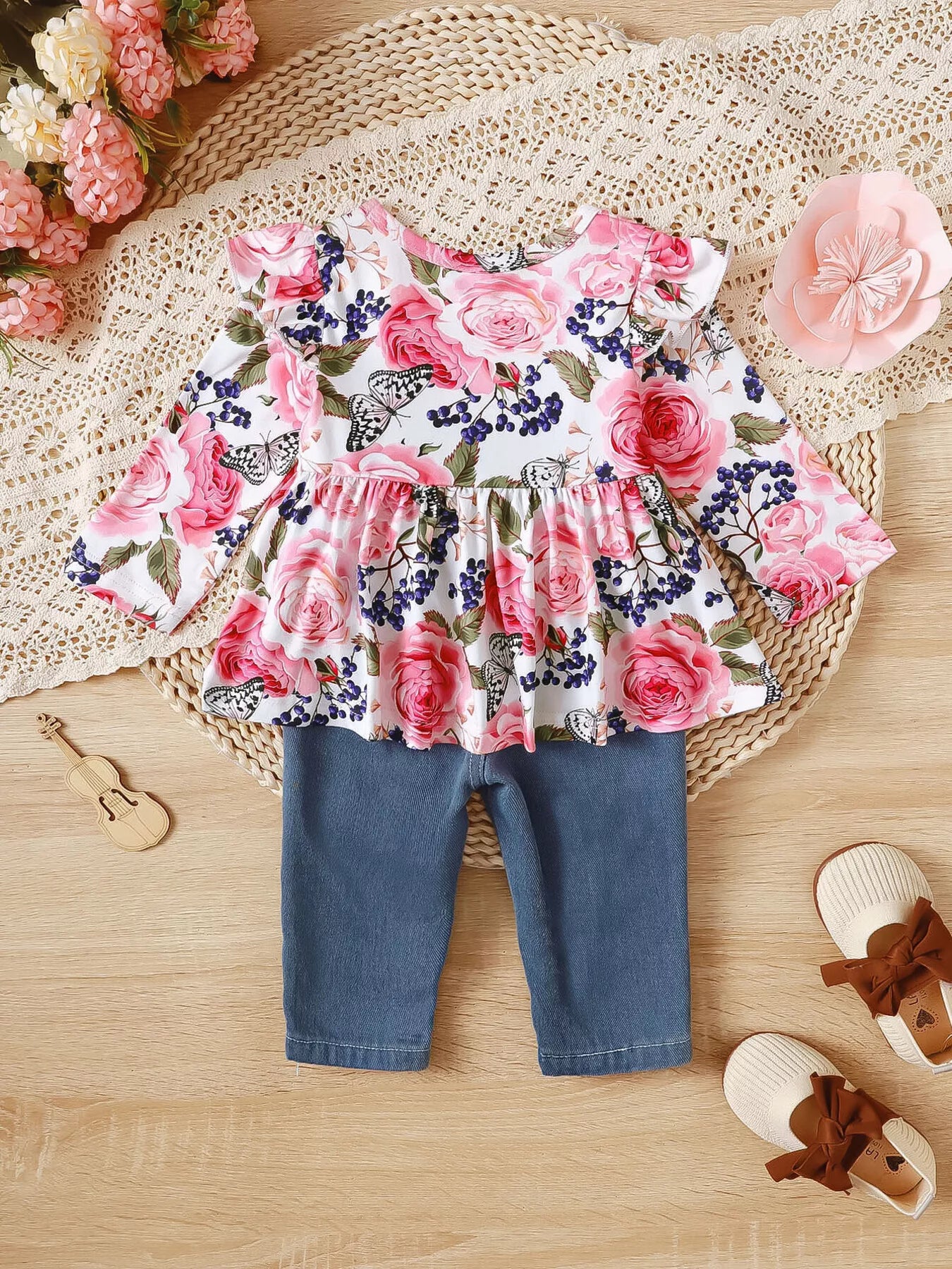 Floral Ruffle Trim Top & Distressed Jeans Set