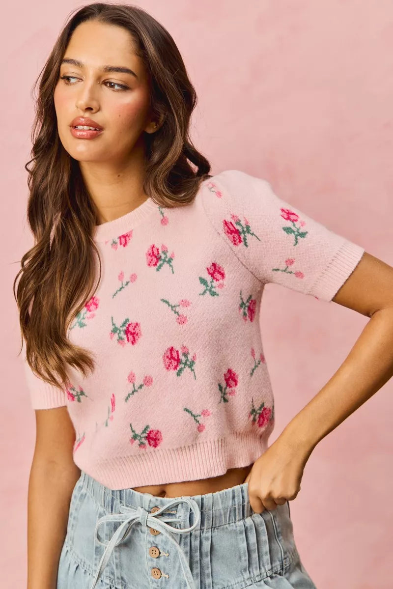 Floral Knit Sweater with Puff Sleeves