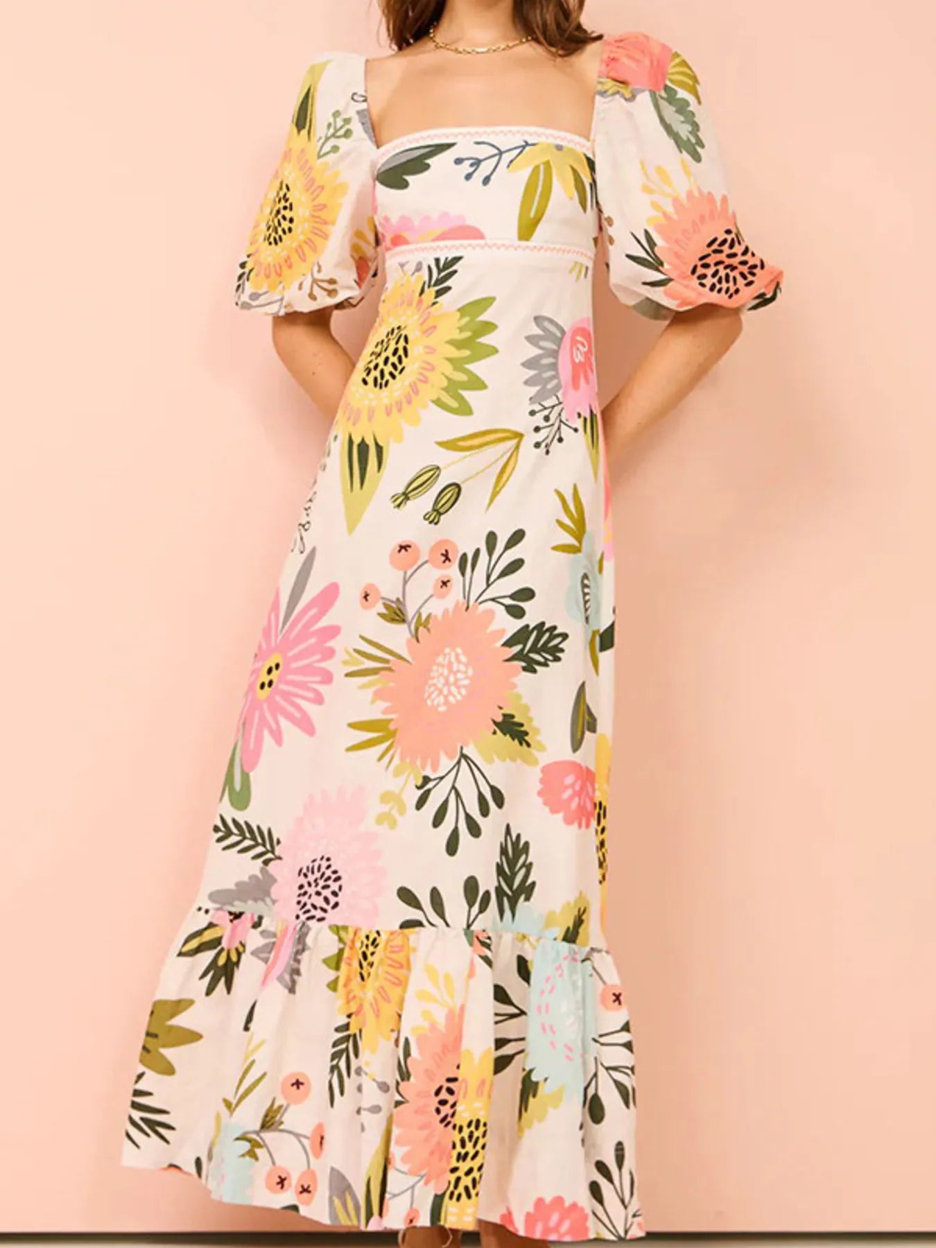 Floral Square Neck Puff Sleeve Maxi Dress