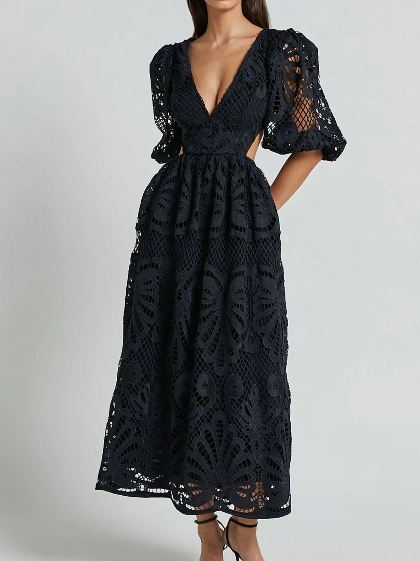 Cutout Back Lace Crochet V-Neck Dress - Detail View 20