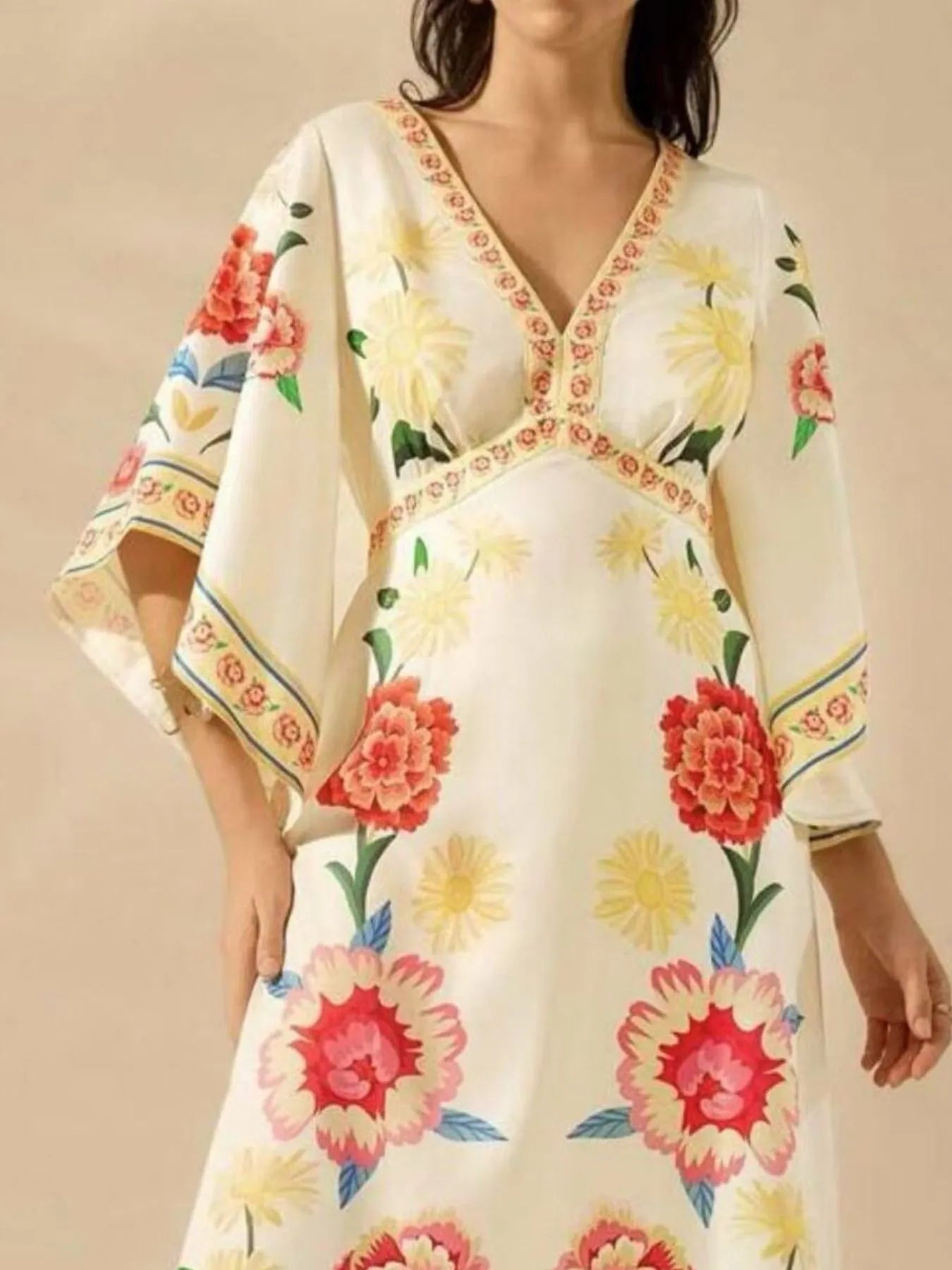 Silky Kimono Printed V-Neck Midi Dress