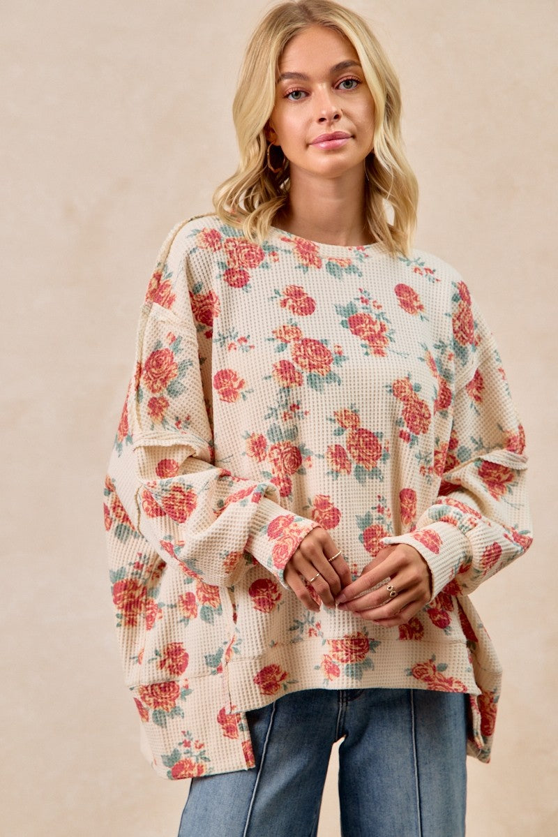 Floral Print Exposed Seam Waffle Knit Top