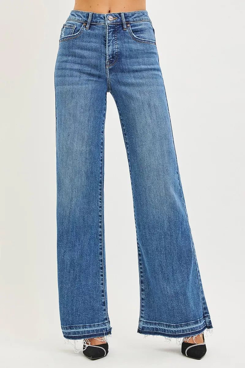 Frayed Hem Wide Leg Jeans - Front View