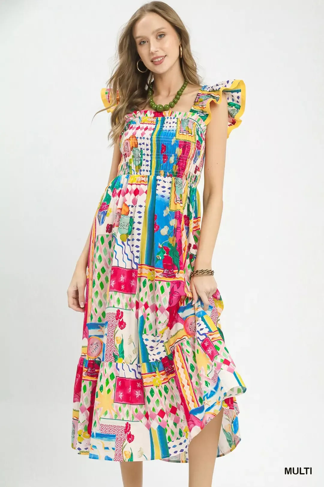 Abstract Print Smocked Midi Dress