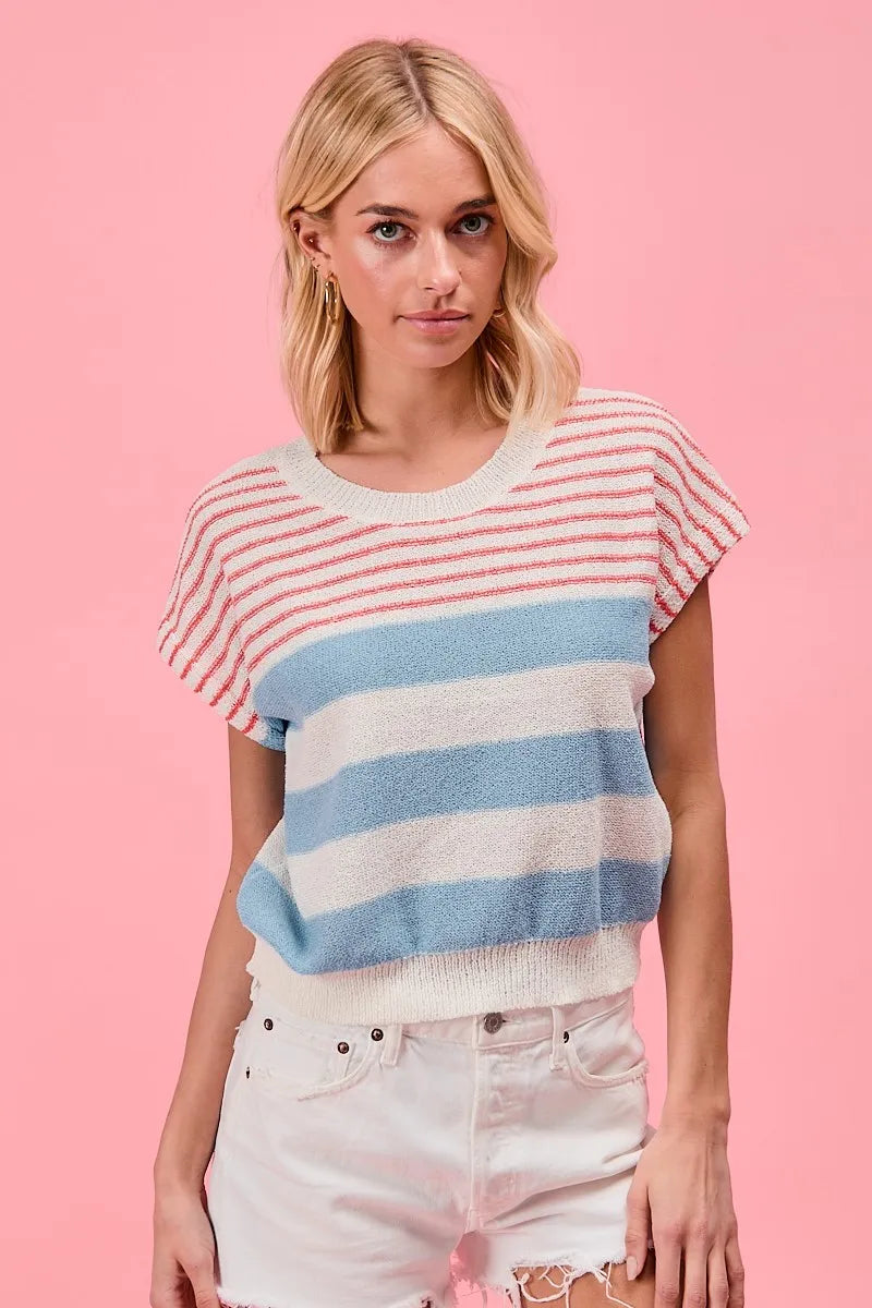 Lightweight Short Sleeve Striped Sweater