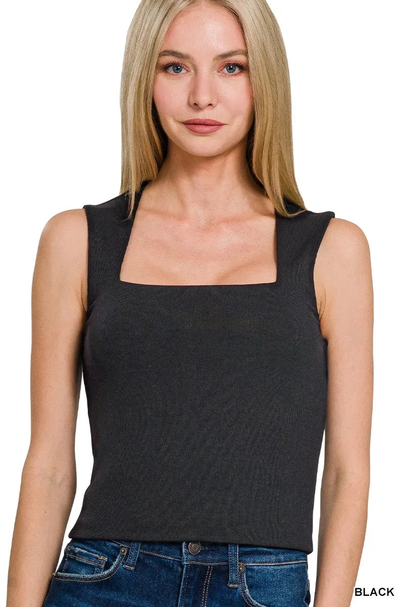 Ribbed Seamless Double Layered Square Neck Tank - Black