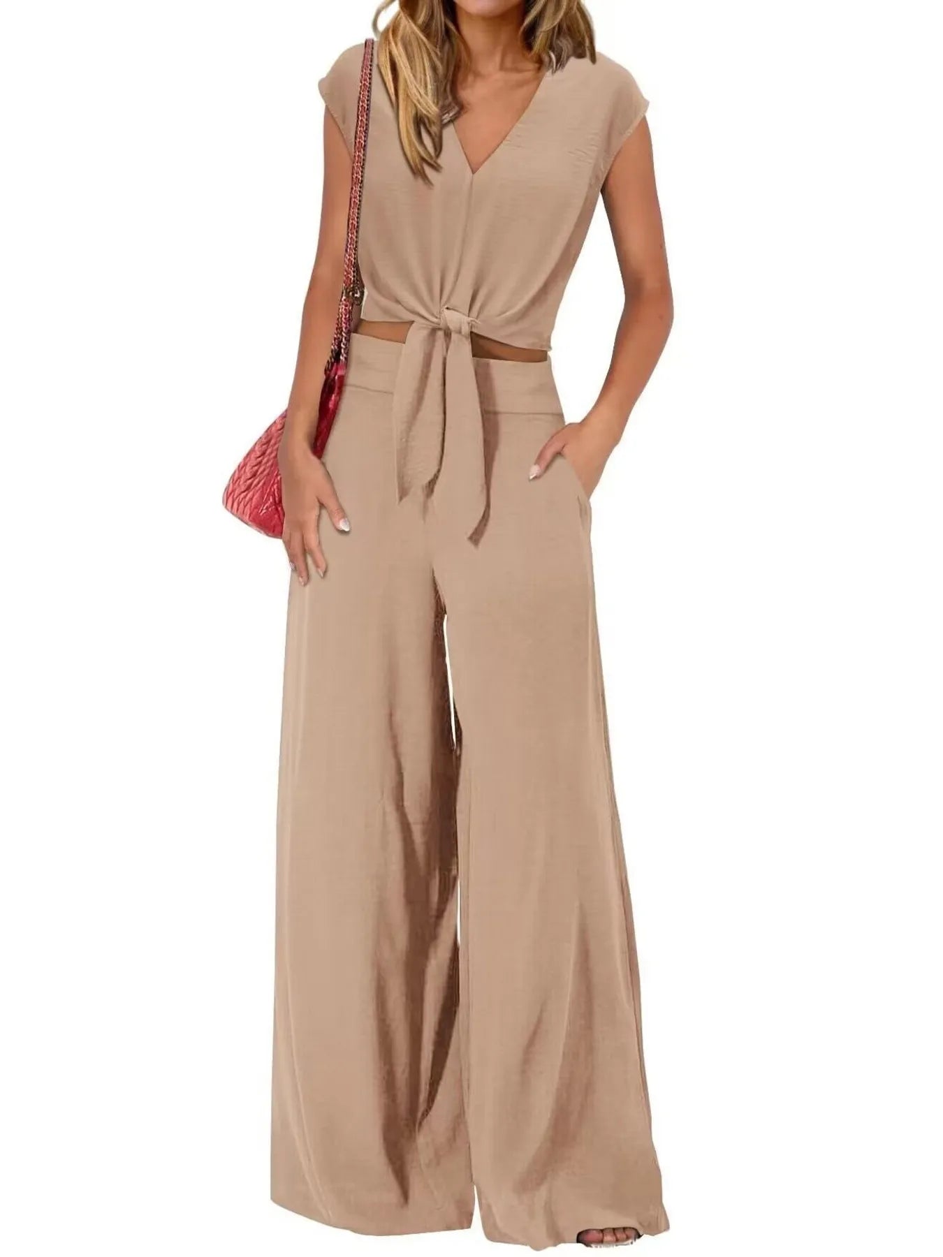 Casually Cool Tie Front Top and Wide Leg Pants Set