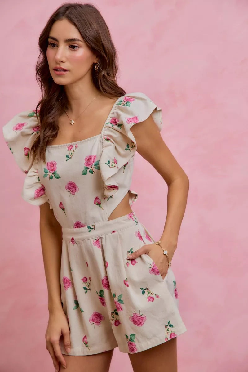 Floral Print Denim Ruffled Romper