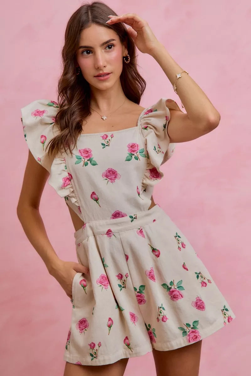 Floral Print Denim Ruffled Romper