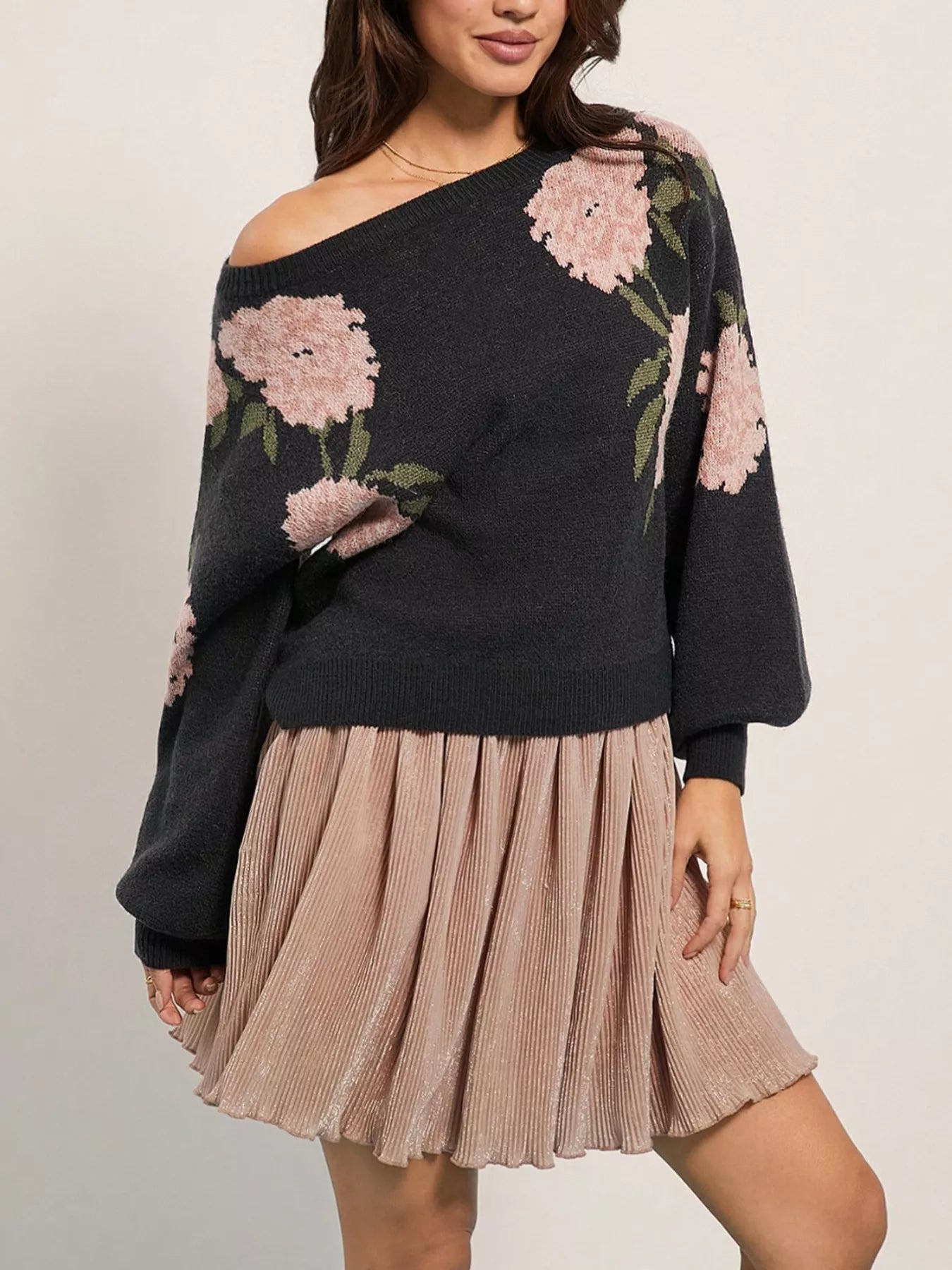 Floral Boat Neck Long Sleeve Sweater - Front View