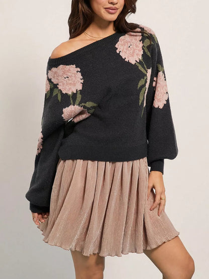 Floral Boat Neck Long Sleeve Sweater - Front View