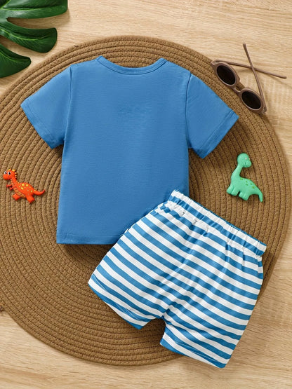 Dinosaur Tee & Striped Shorts Set - Back View