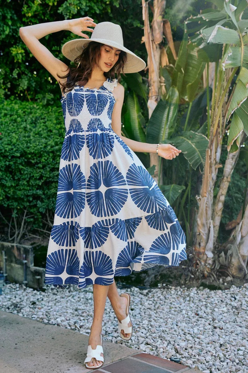 Smocked Tied-Back Summer Midi Dress