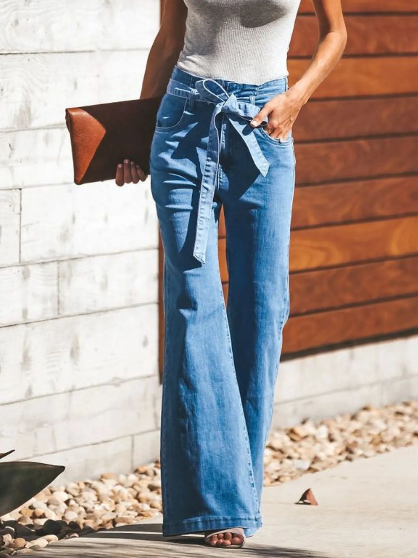 Front view of Women's Tie-Front Flare Jeans showing tie-front closure and flared hem, ideal for versatile styling.