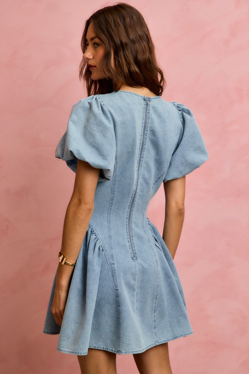 Puff Sleeves Fit-and-Flare Denim Mini Dress