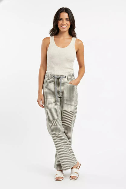 Drawstring Striped Twill Barrel Pants - Front View
