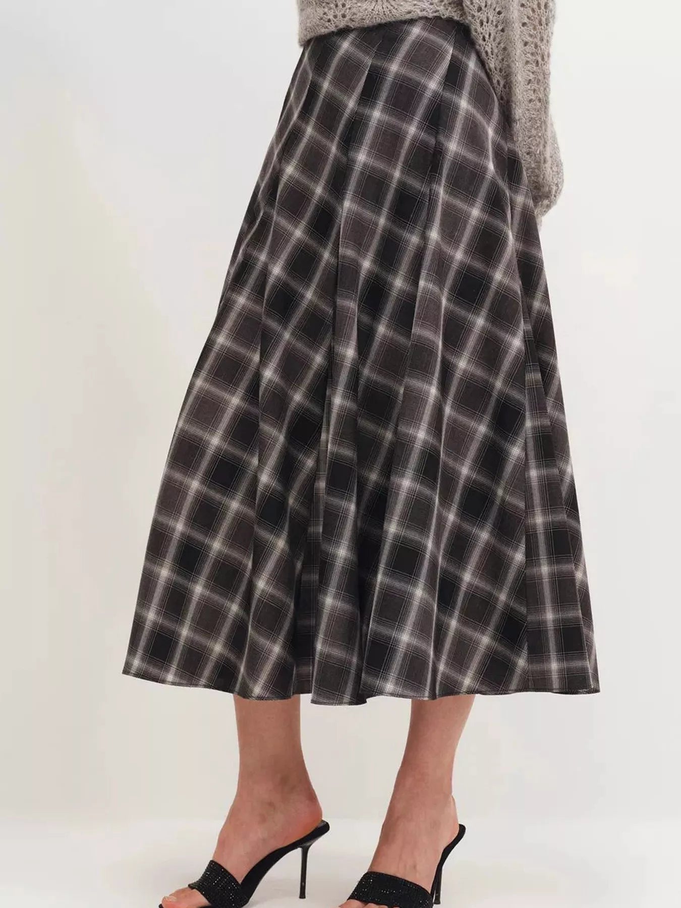 Pleated Plaid Midi Skirt