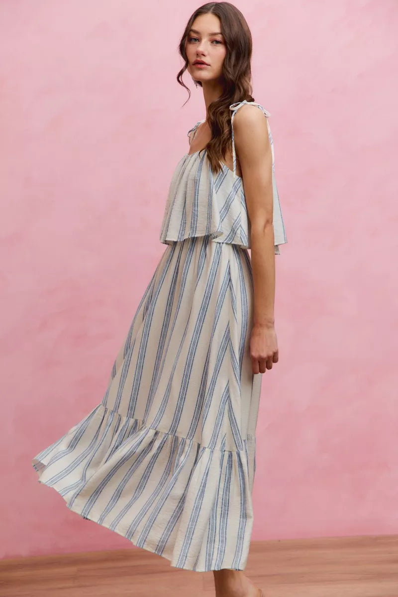 Stripe Shoulder Tie Midi Dress