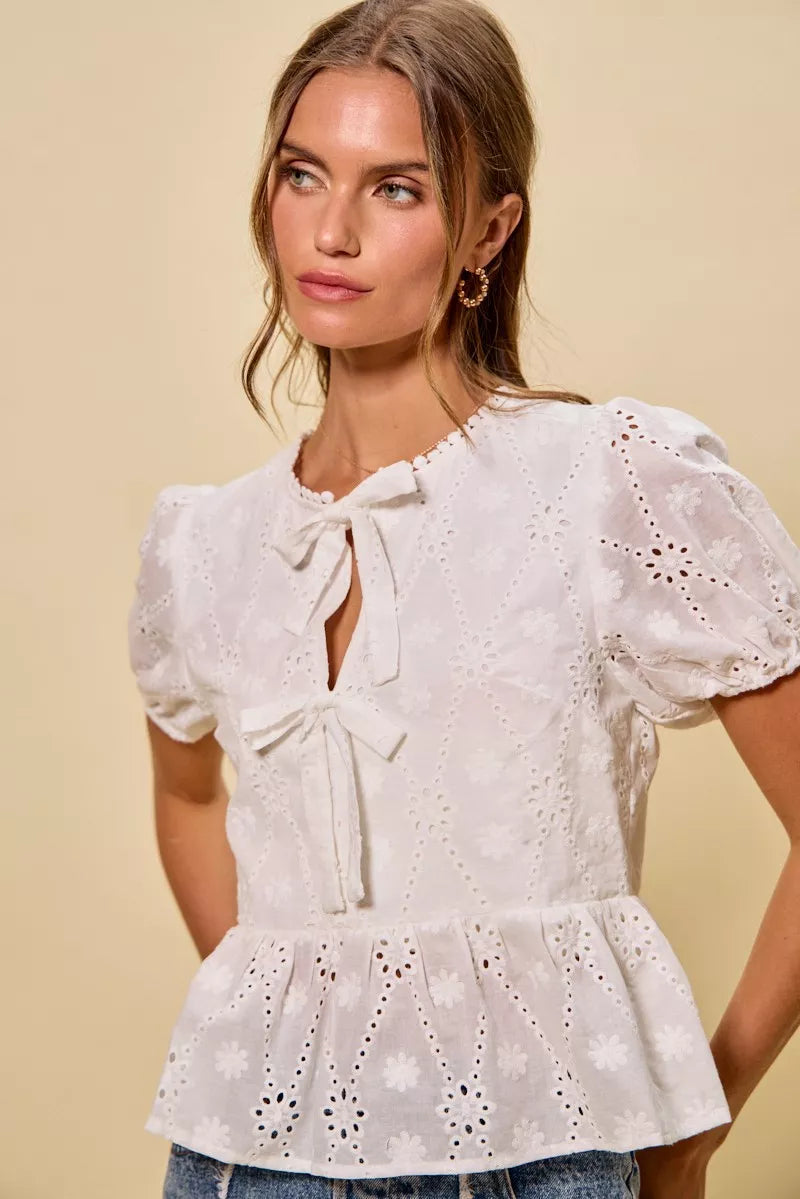 Eyelet Front Tie Blouse