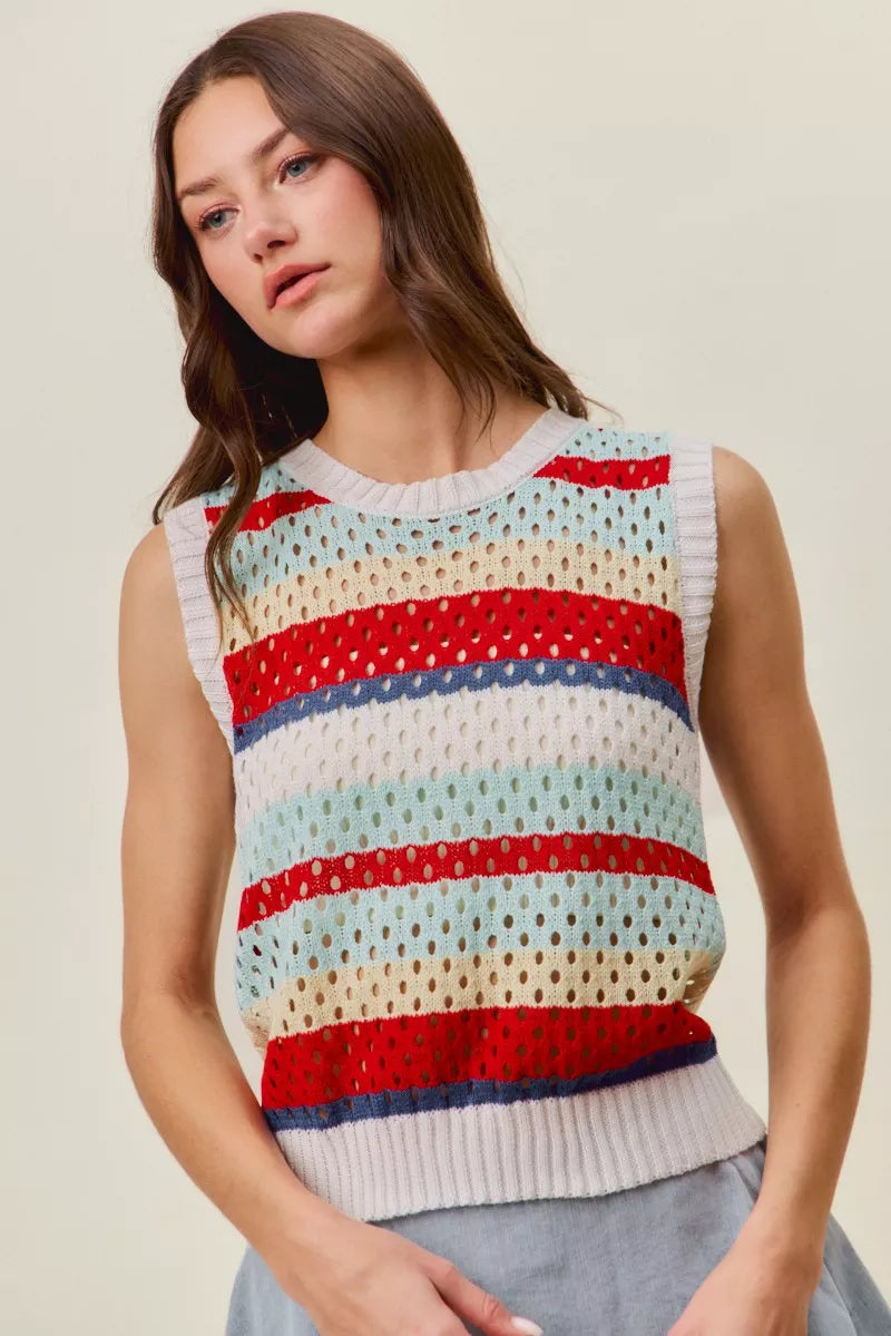 Tie Back Openwork Retro Stripe Tank Top