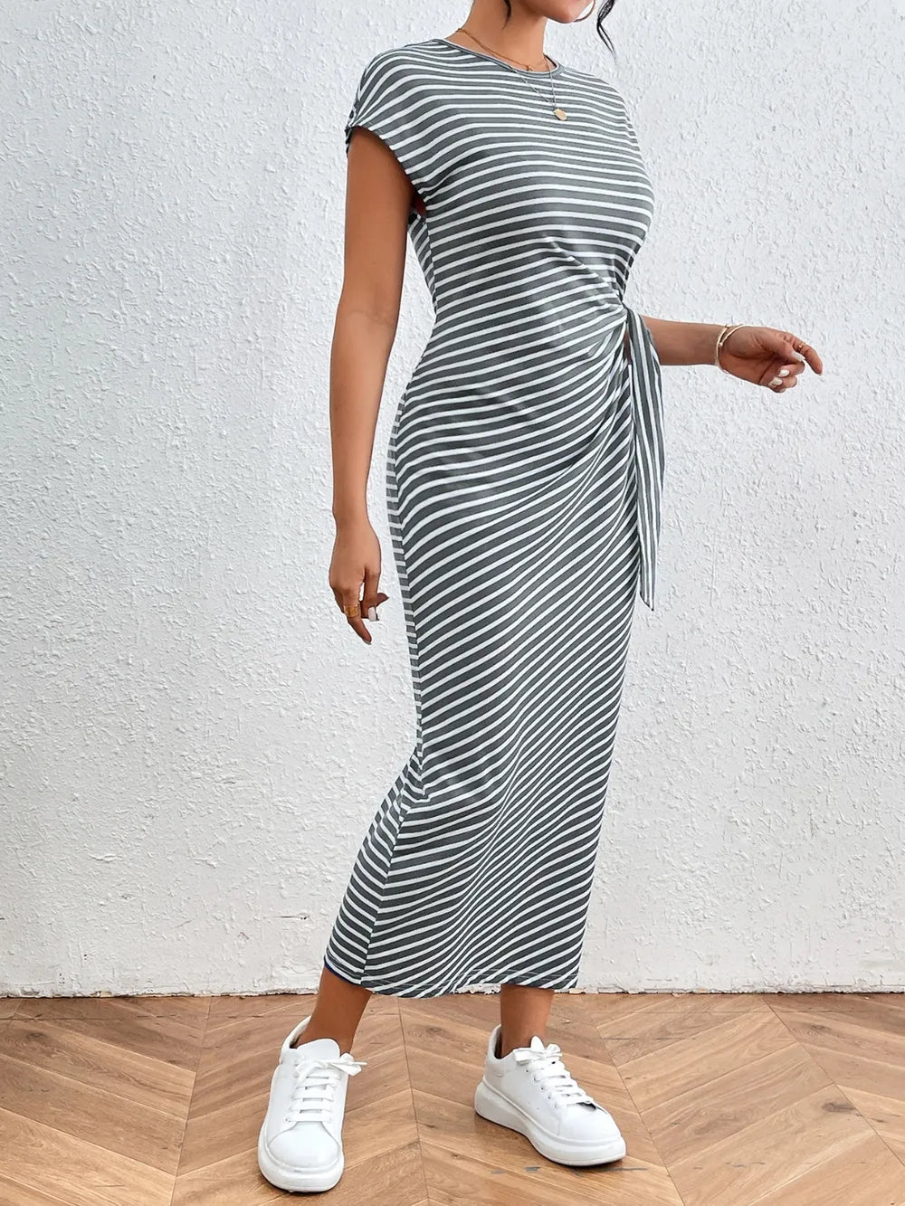 Side Tie Striped T-Shirt Dress