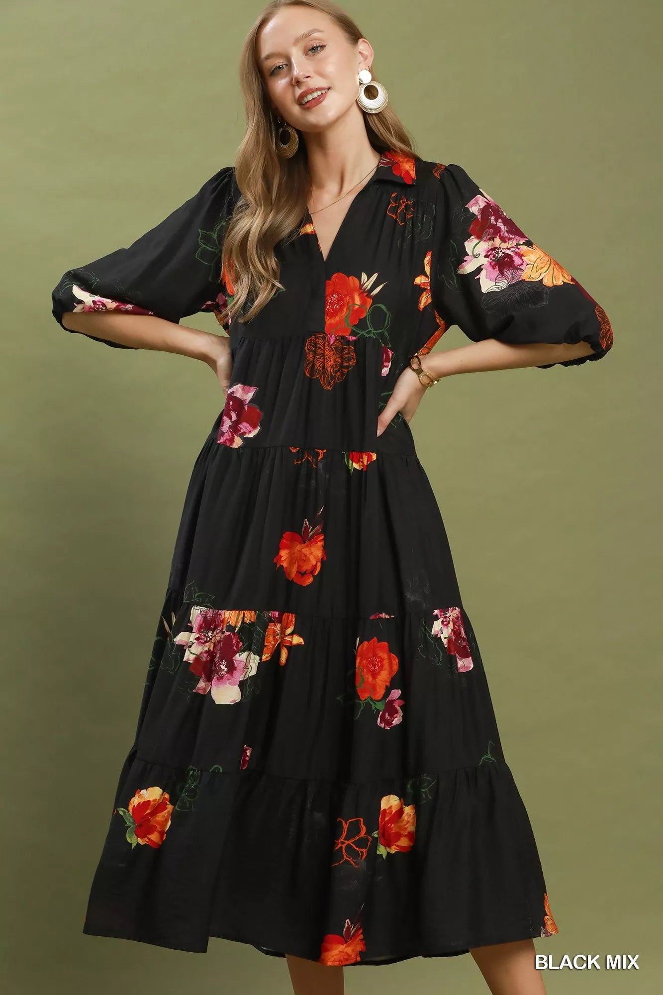 Black Floral Print Tiered Midi Dress