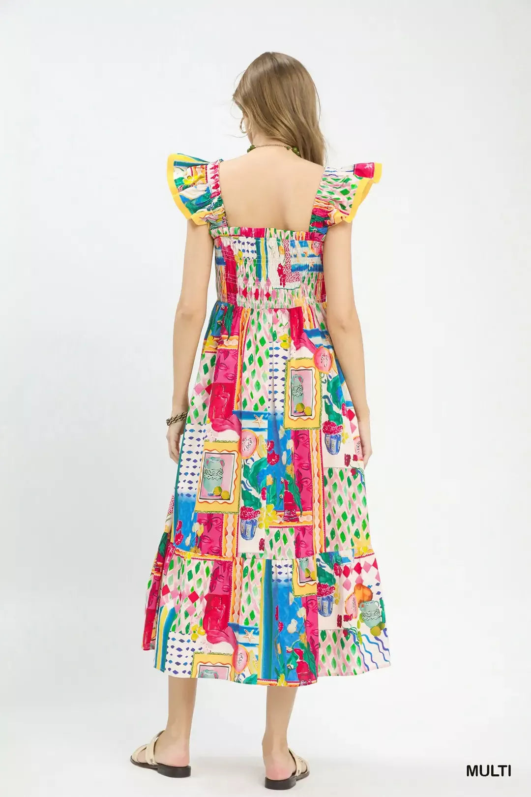 Abstract Print Smocked Midi Dress