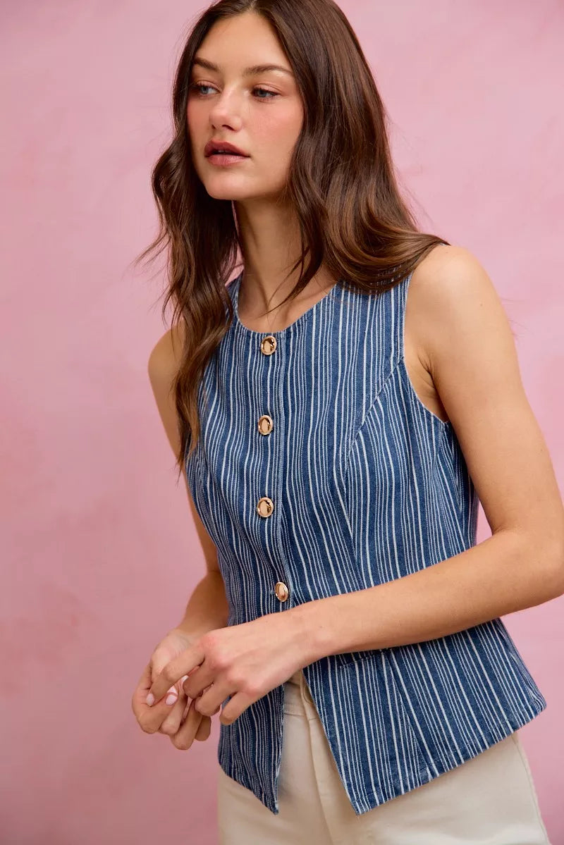 Stripe Slim Fit Denim Vest Top - Detail View 17