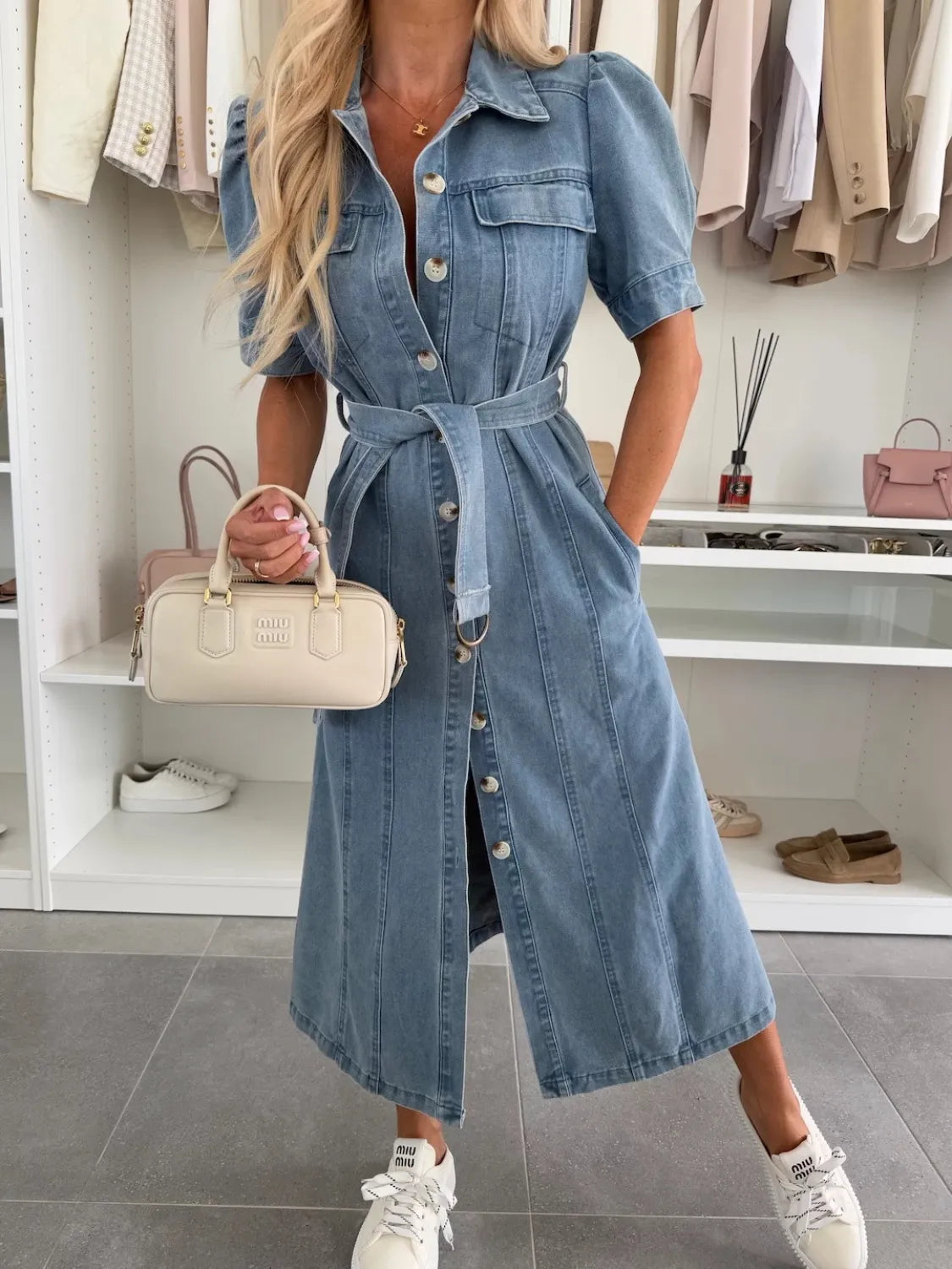 Denim Belted Midi Dress with Puff Sleeves