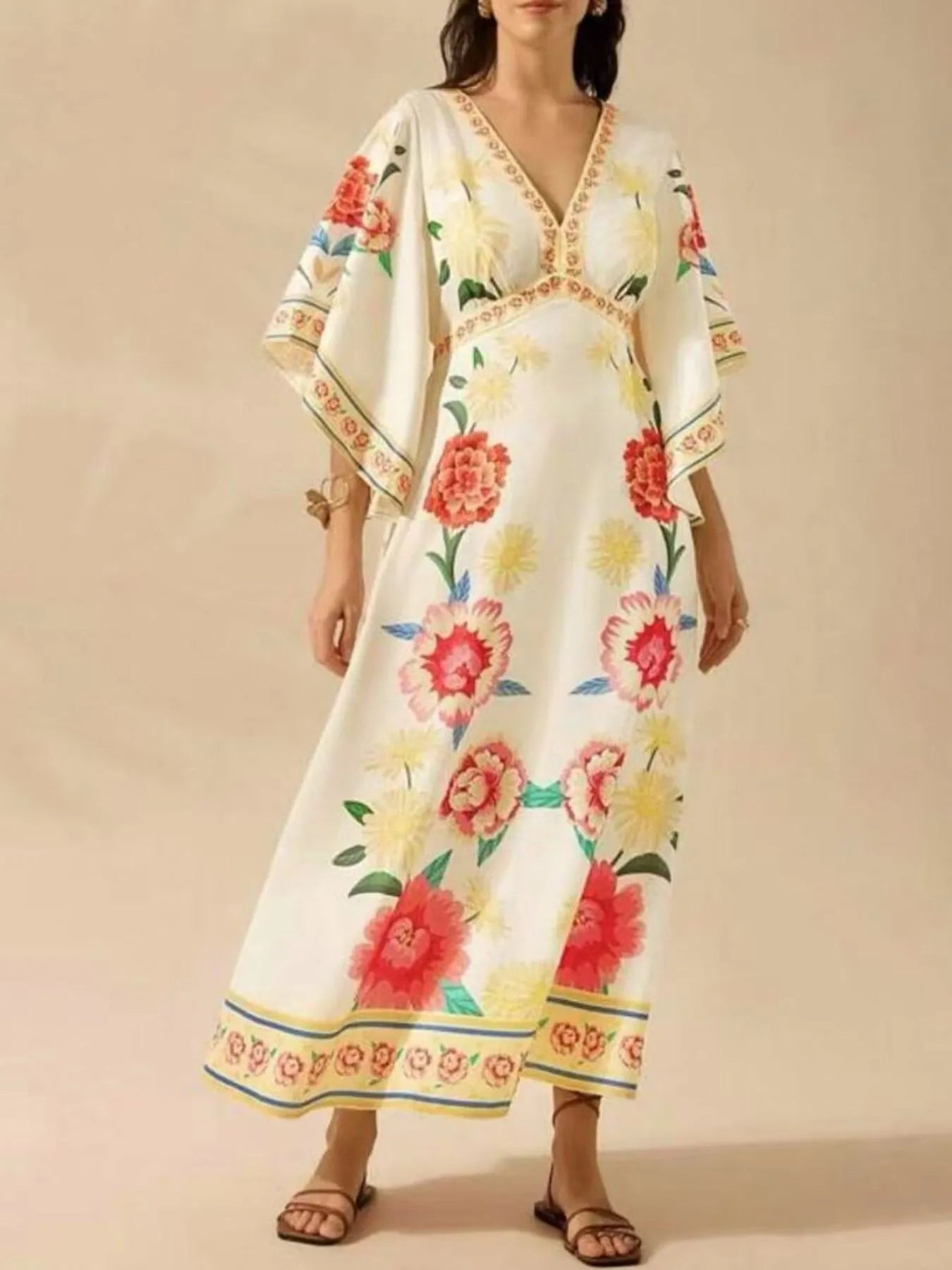 Silky Kimono Printed V-Neck Midi Dress