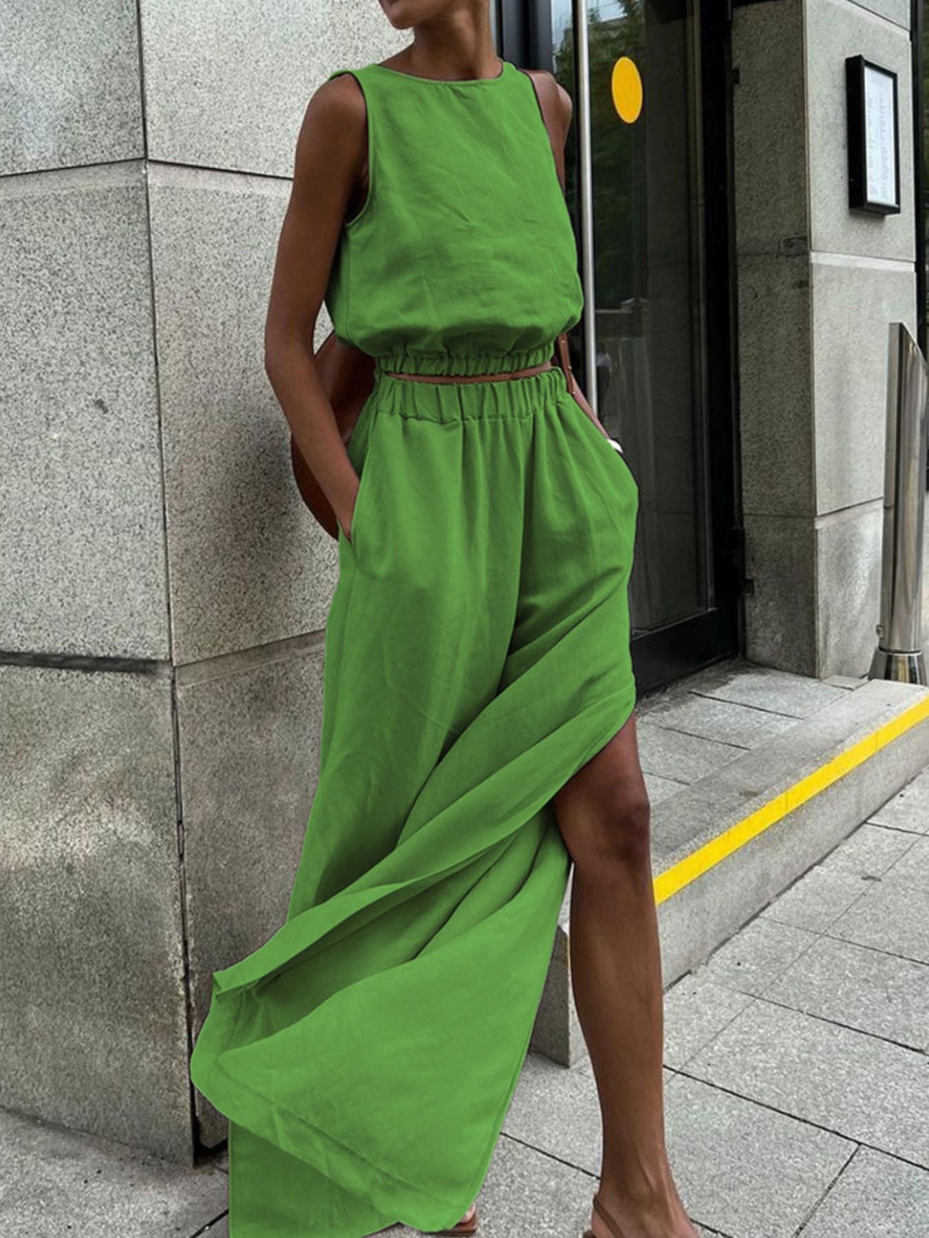 Hemp-blend Crop Top and Side Slit Pants Set