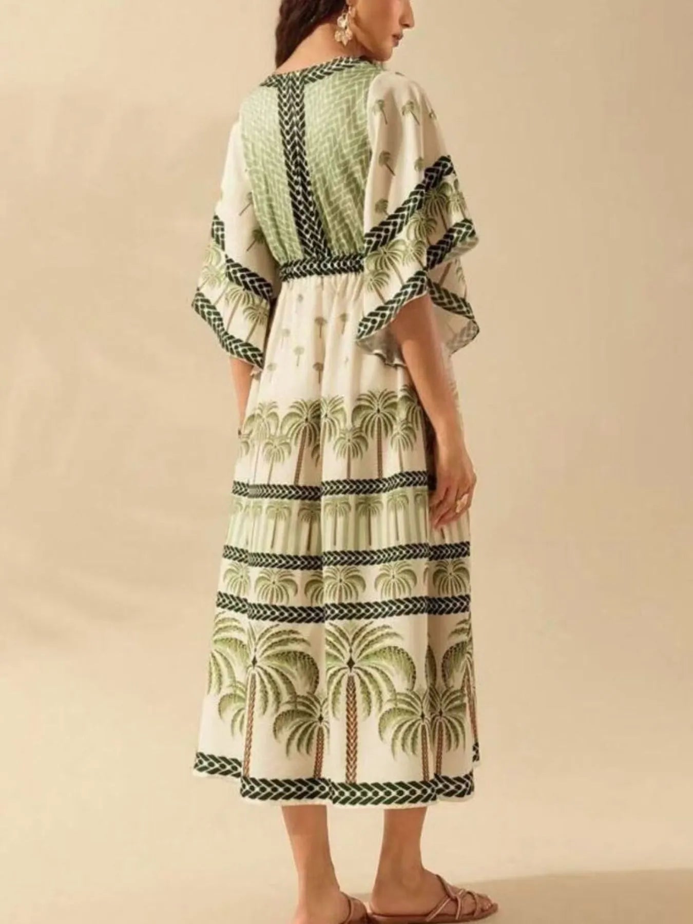 Silky Kimono Printed V-Neck Midi Dress