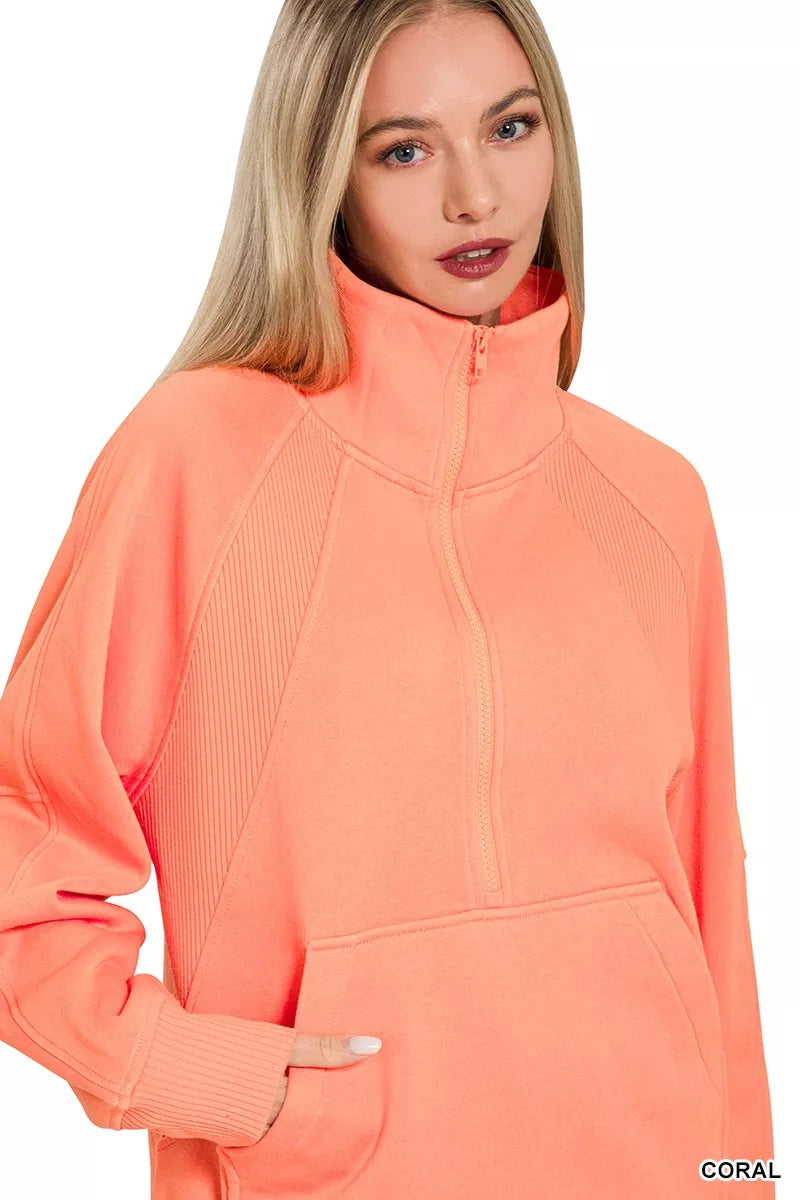 Half Zip Fleece Sweatshirt - Coral