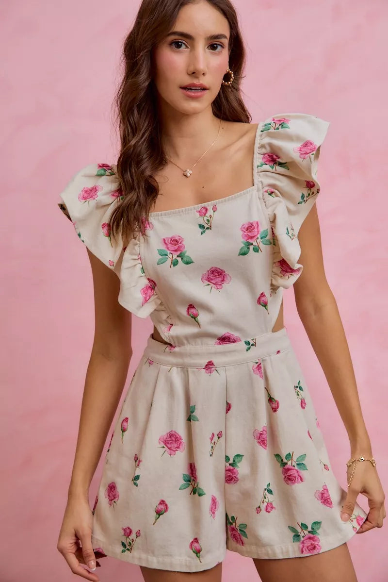 Floral Print Denim Ruffled Romper