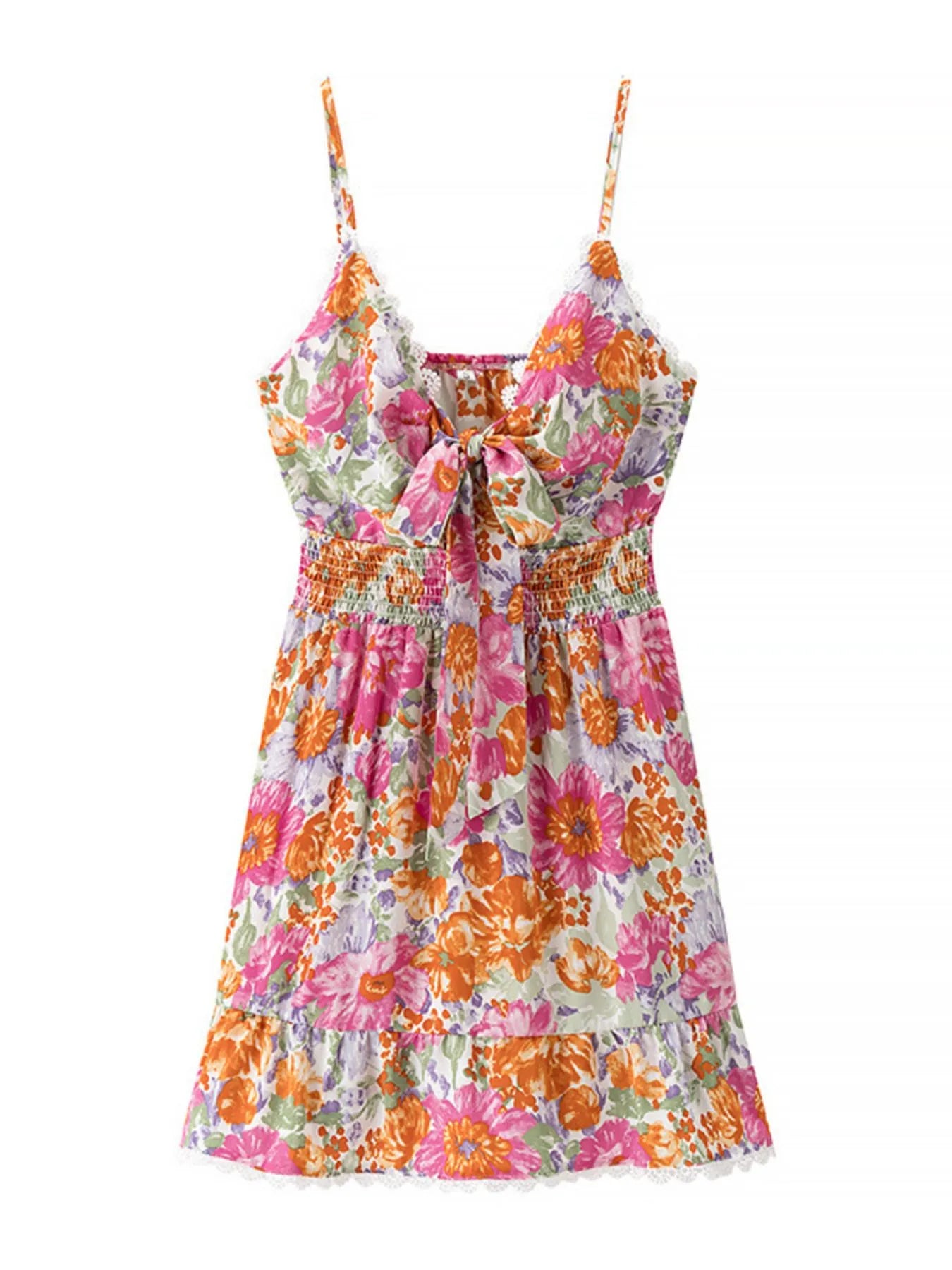 Floral Print Tie-Front Mini Dress with Lace Trim