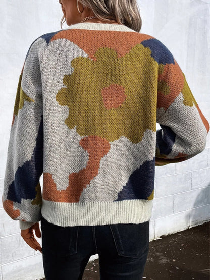 Floral Pattern Round Neck Sweater - Detail View 5