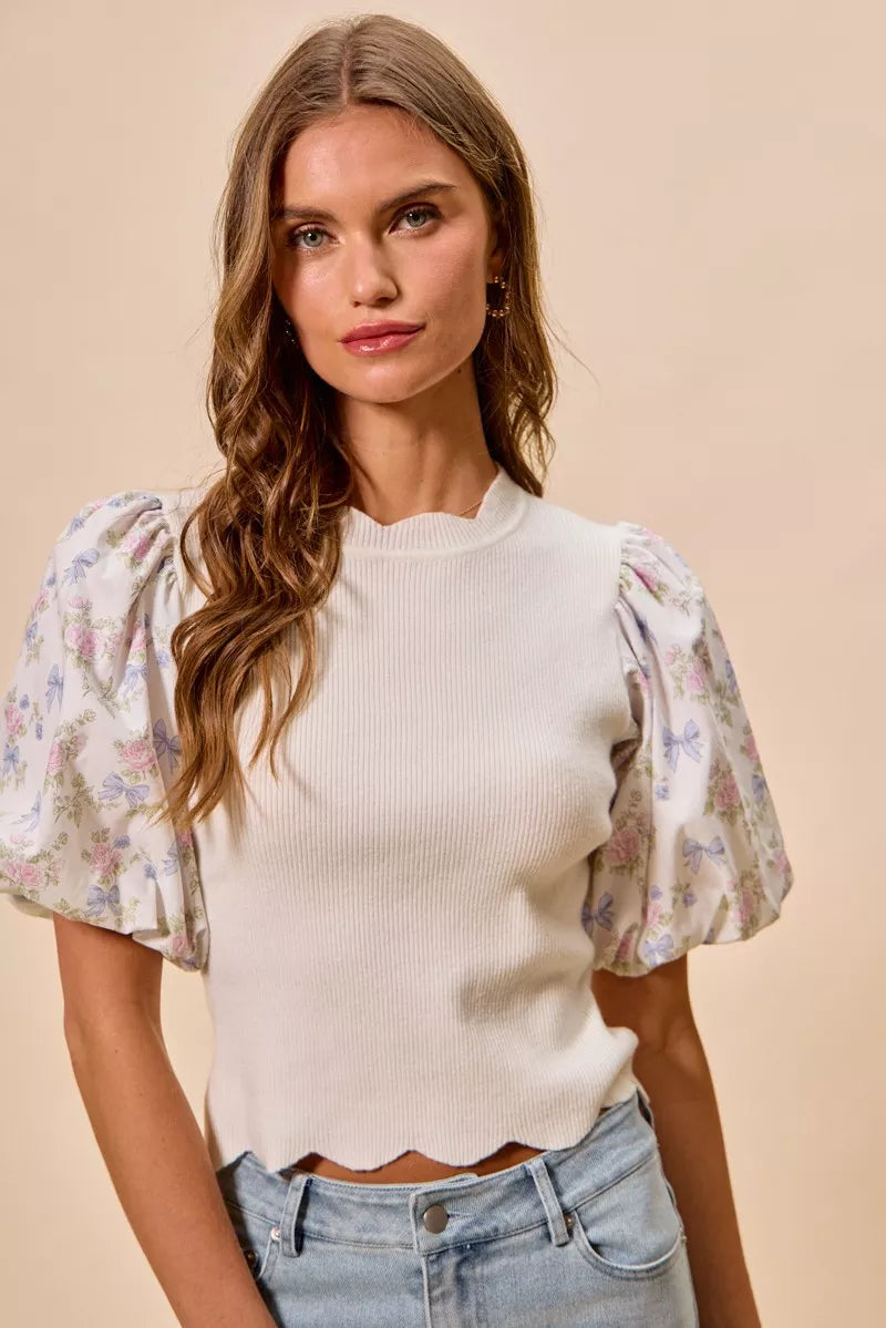 Floral Sleeve Scallop Sweater Top