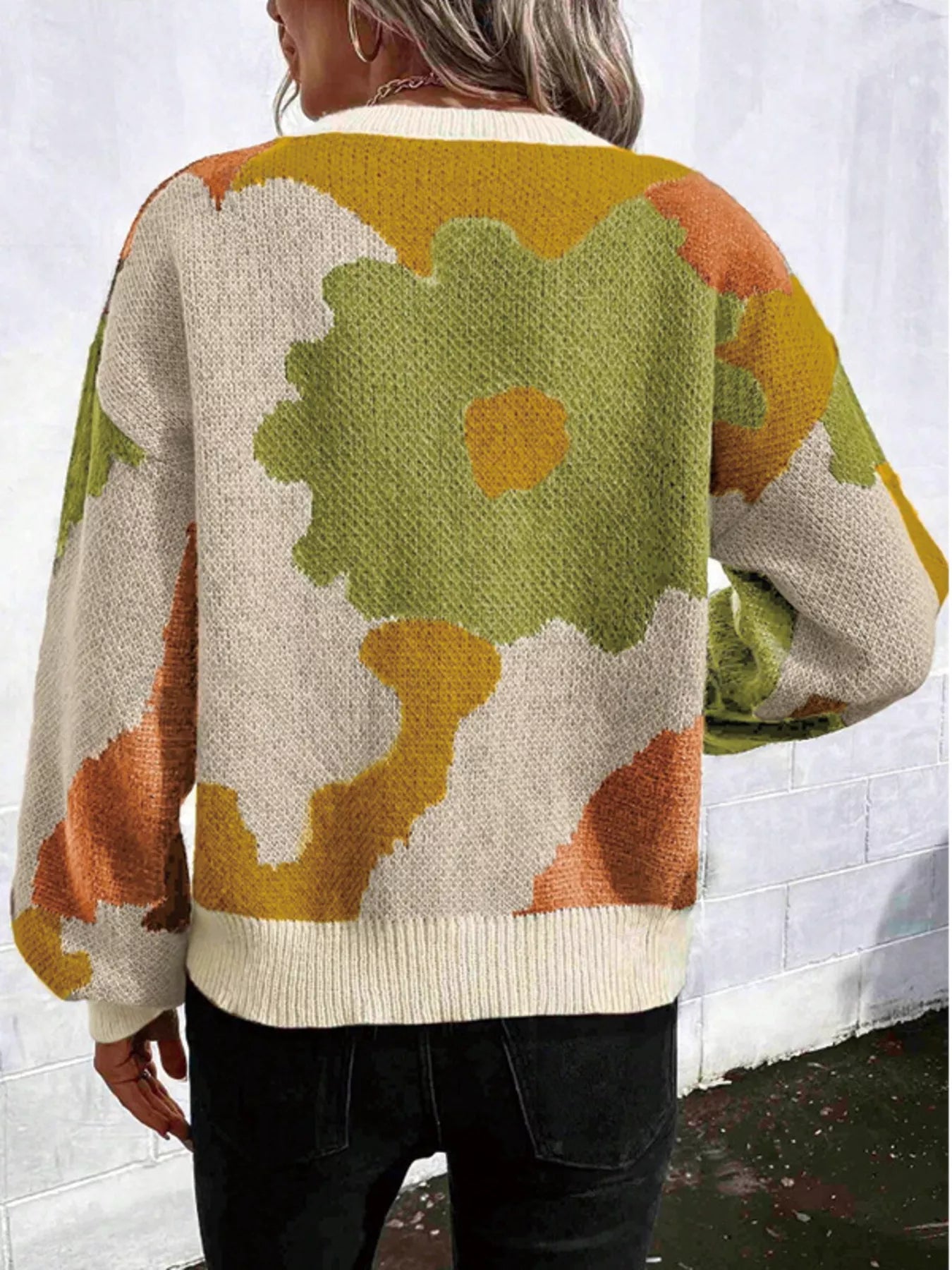 Floral Pattern Round Neck Sweater - Detail View 14