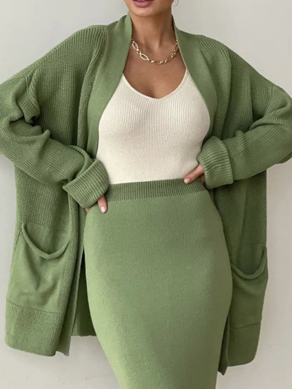 Open Front Cardigan and Midi Skirt Sweater Set