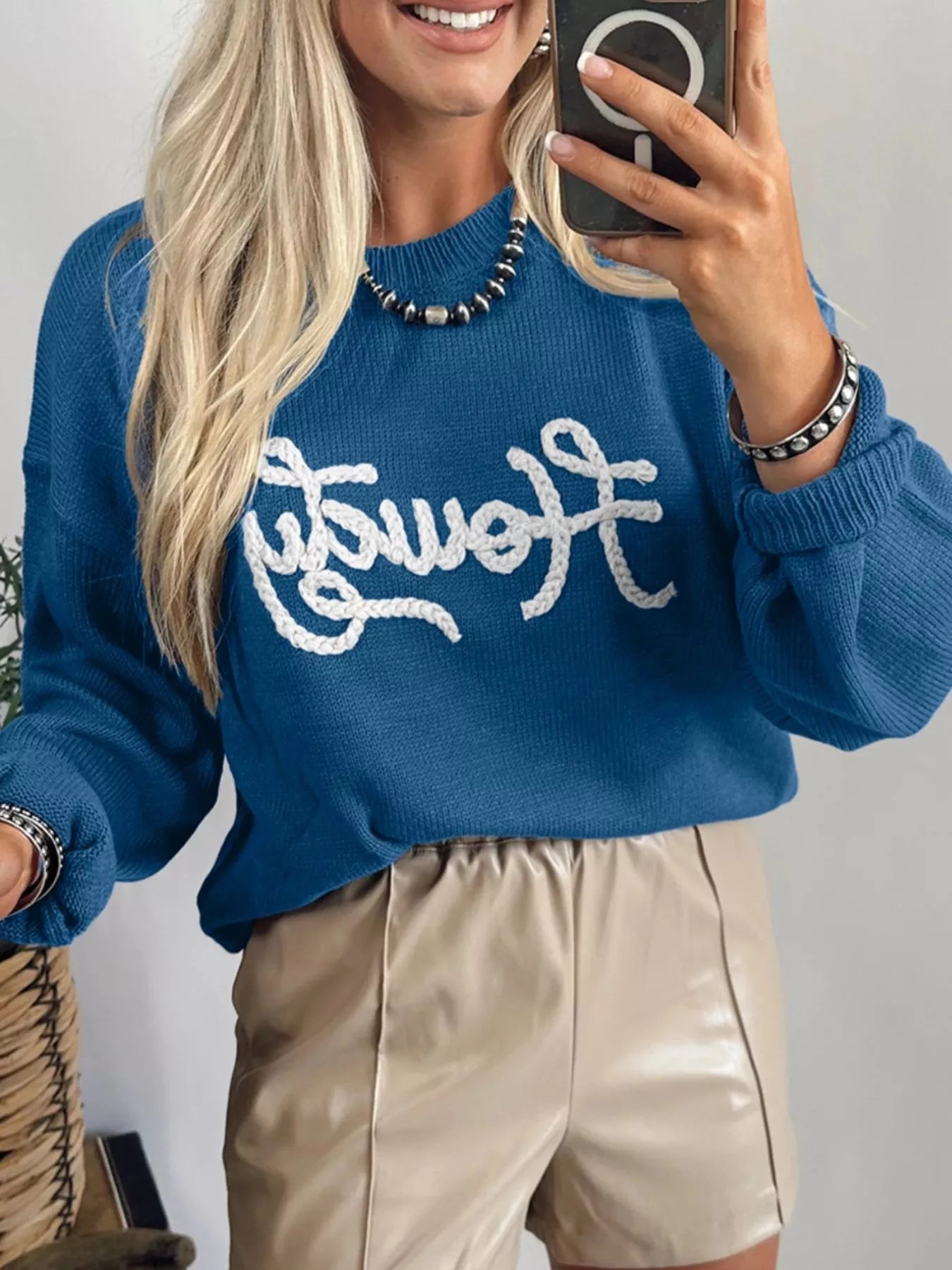 Howdy Embroidered Round Neck Sweater - Side View