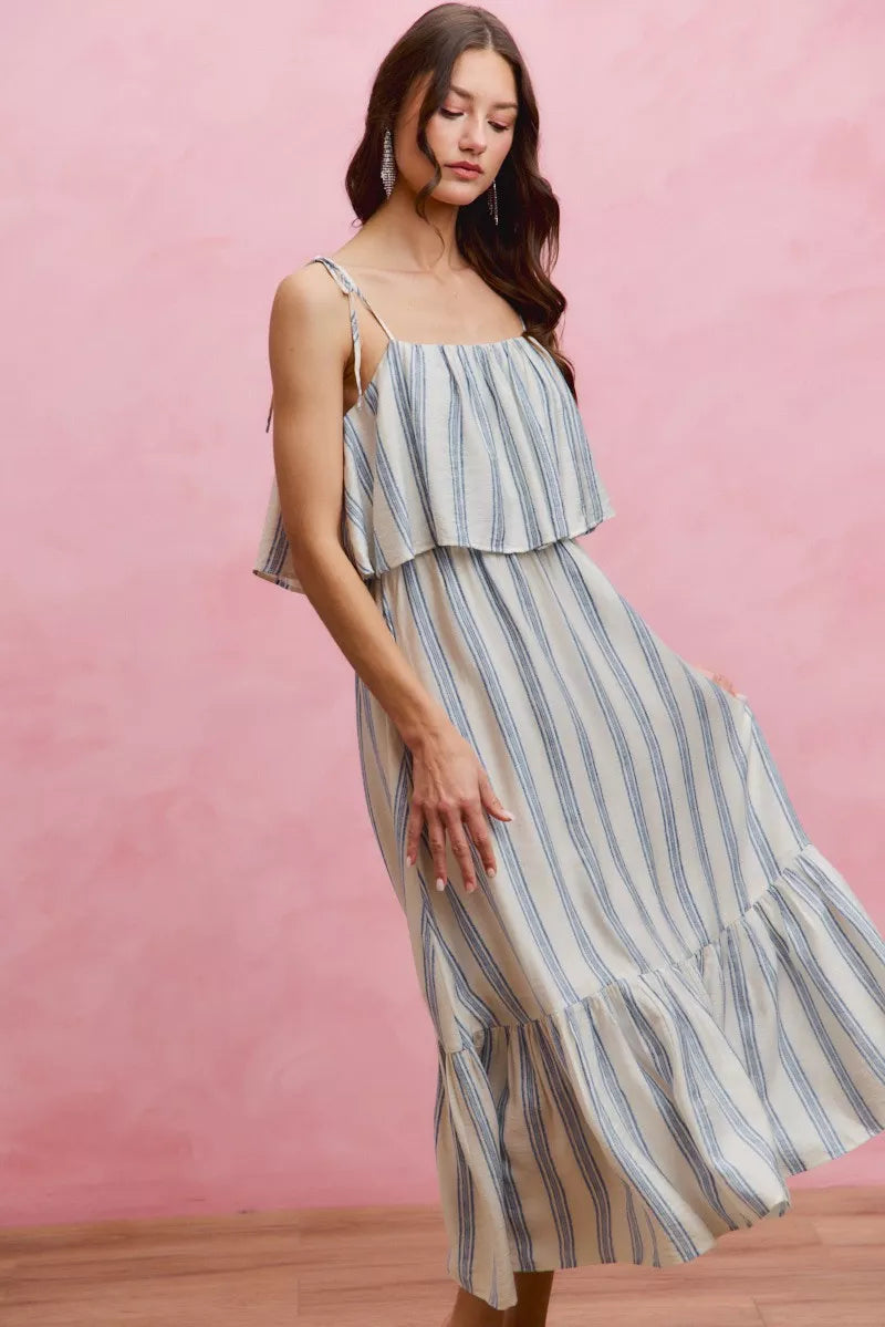 Stripe Shoulder Tie Midi Dress