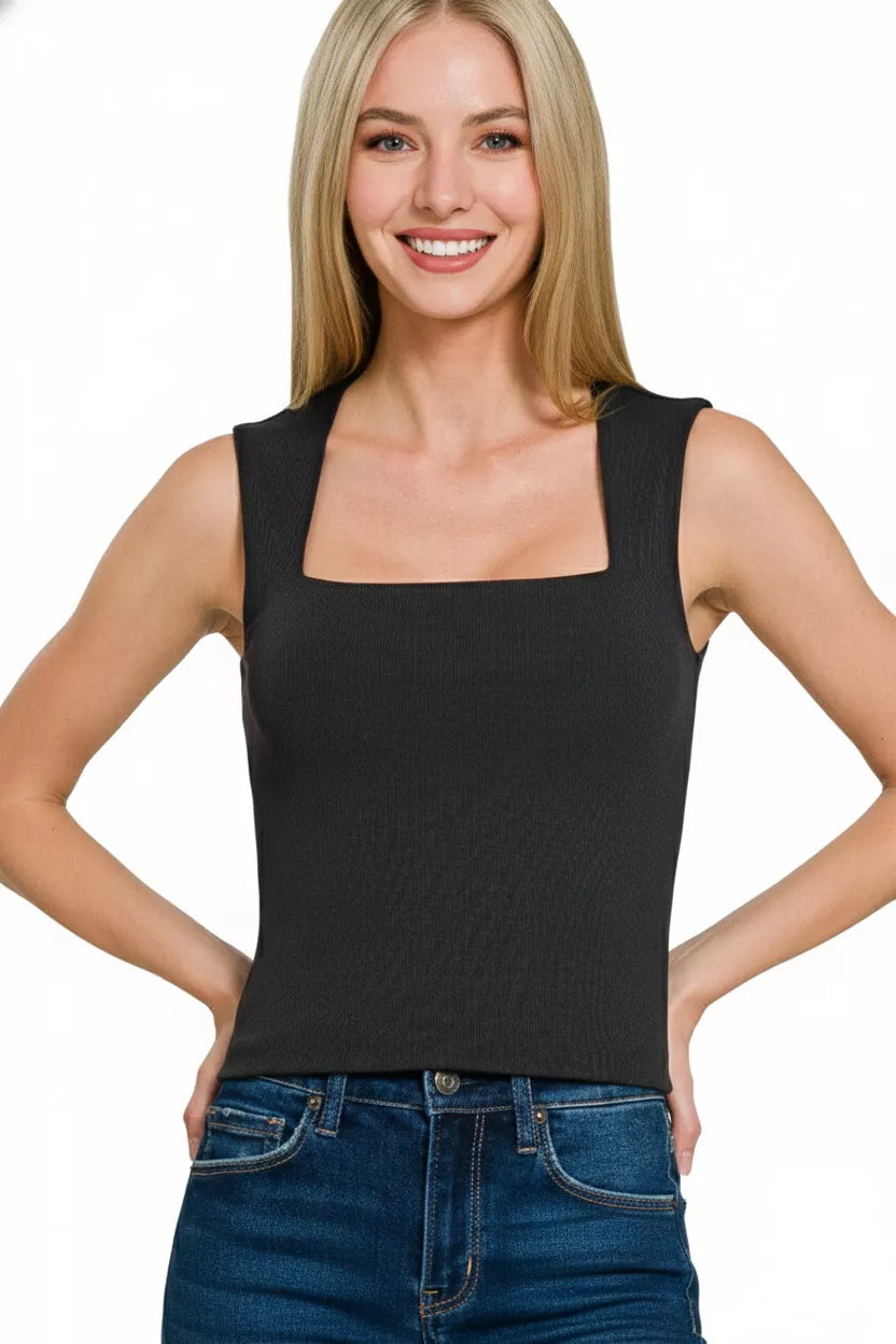 Ribbed Seamless Double Layered Square Neck Tank - Black