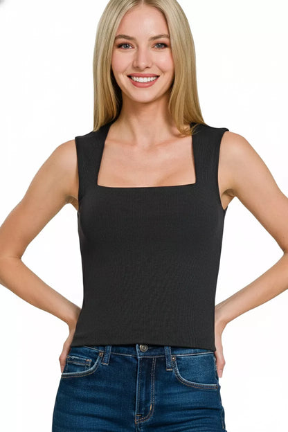 Ribbed Seamless Double Layered Square Neck Tank - Black - Back View