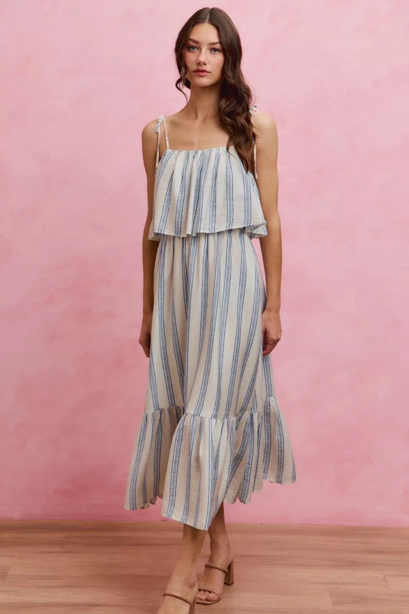 Stripe Shoulder Tie Midi Dress